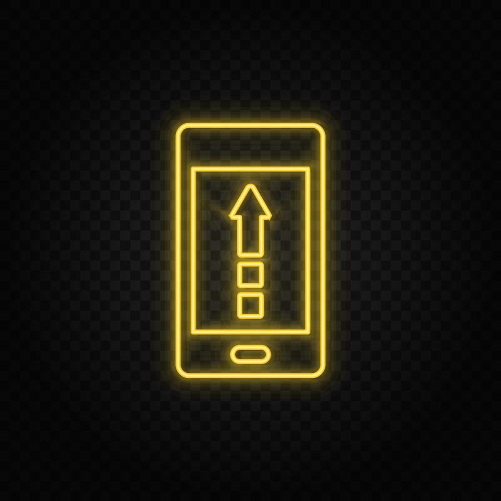 Yellow neon icon phone, arrow up, upload. Dark background vector