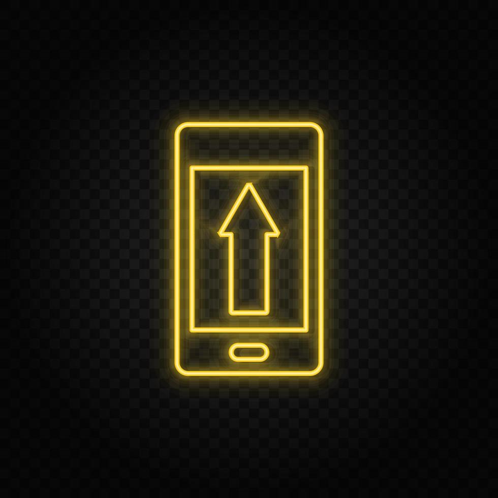 Yellow neon icon phone, arrow up, upload. Dark background. vector