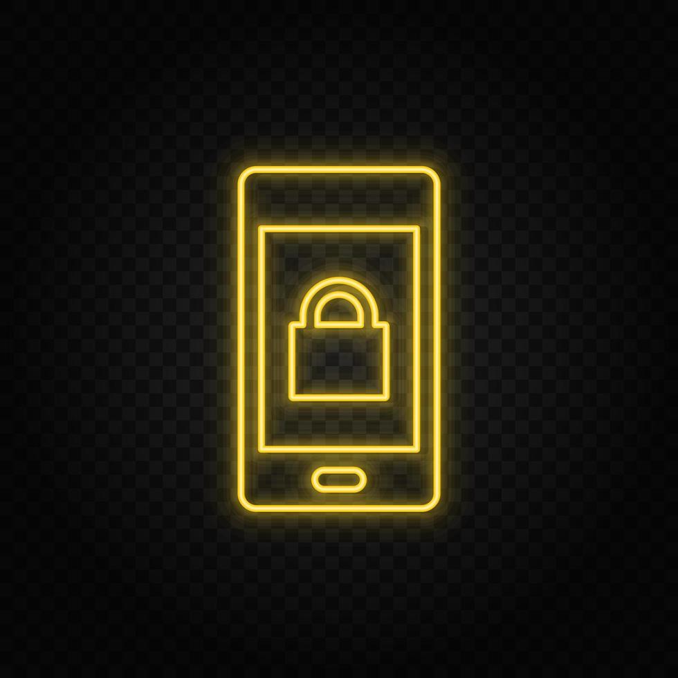Yellow neon icon phone, lock. Dark background. vector