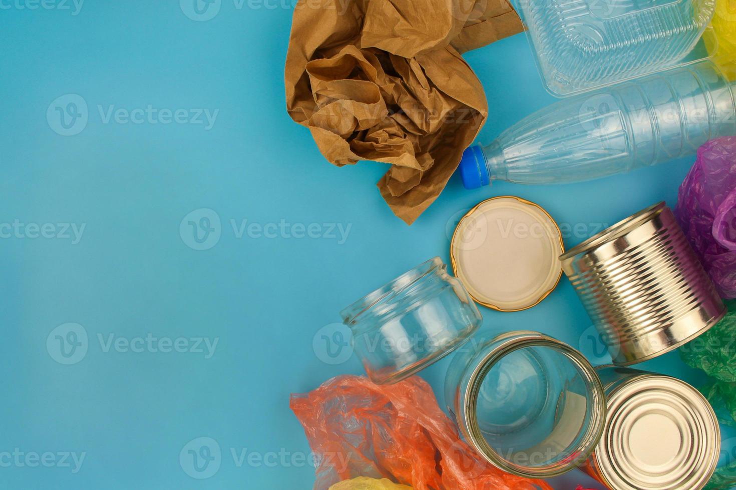 Closeup of waste on blue background. Top view. photo