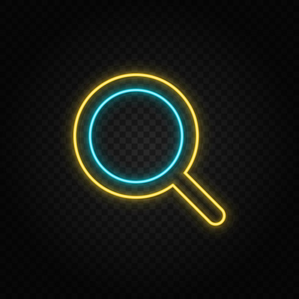 Magnifier. Blue and yellow neon vector icon. Dark background.