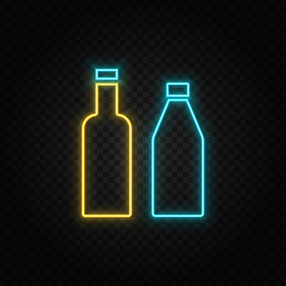 botellas azul y amarillo neón vector icono. oscuro antecedentes.