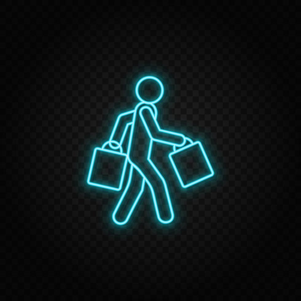 Shopping, man. Blue and yellow neon vector icon. Dark background.