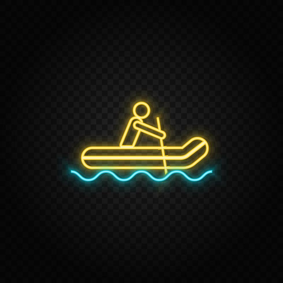 Rafting, man. Blue and yellow neon vector icon. Dark background.