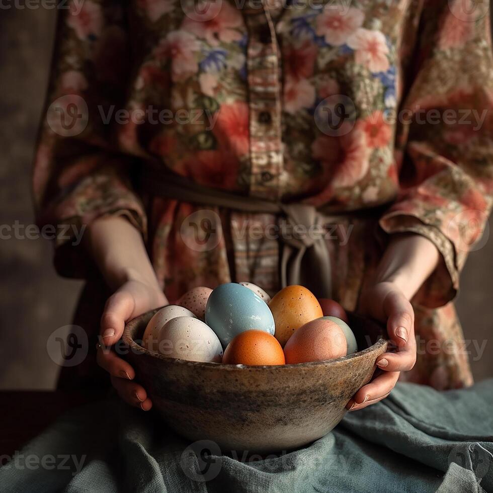 A beautiful Easter background with colorful eggs ready to be served at the festive table. photo