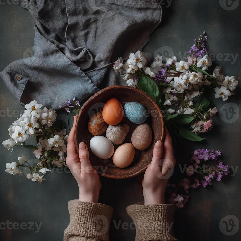 A beautiful Easter background with colorful eggs ready to be served at the festive table. photo