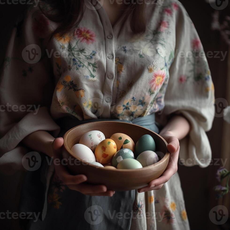 A beautiful Easter background with colorful eggs ready to be served at the festive table. photo