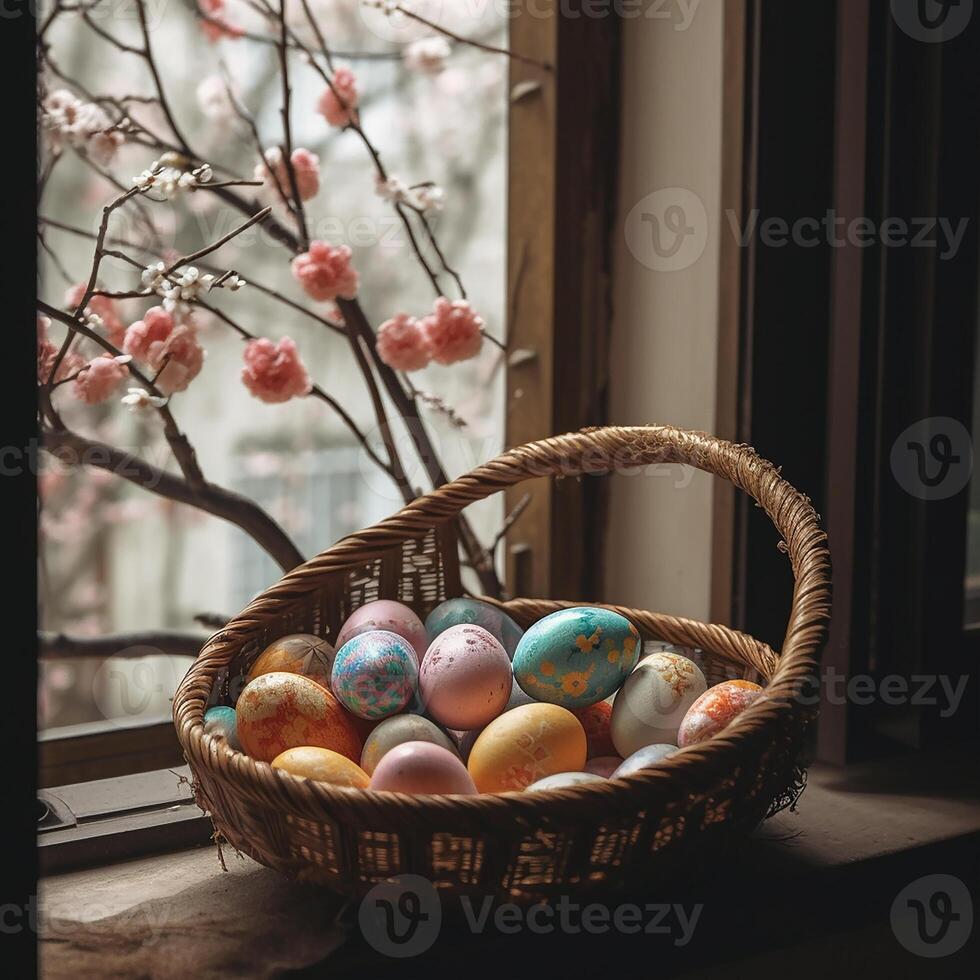 A beautiful Easter background with colorful eggs ready to be served at the festive table. photo