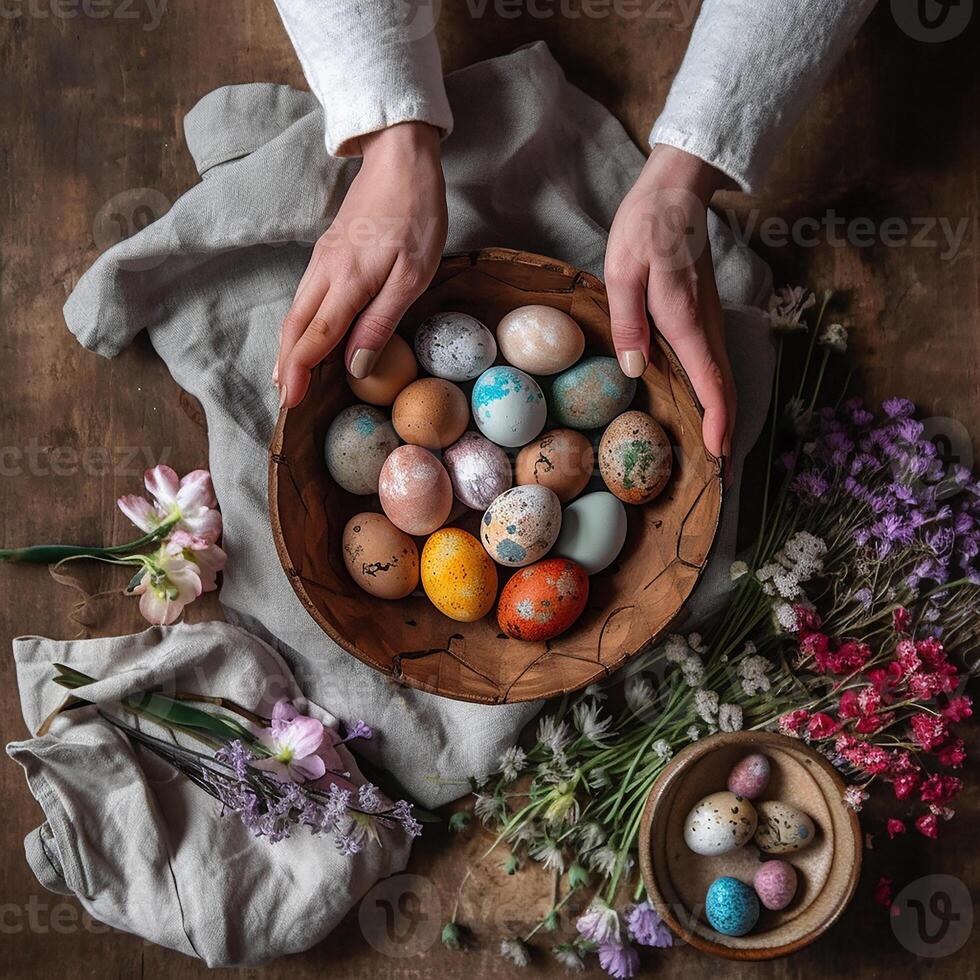 A beautiful Easter background with colorful eggs ready to be served at the festive table. photo