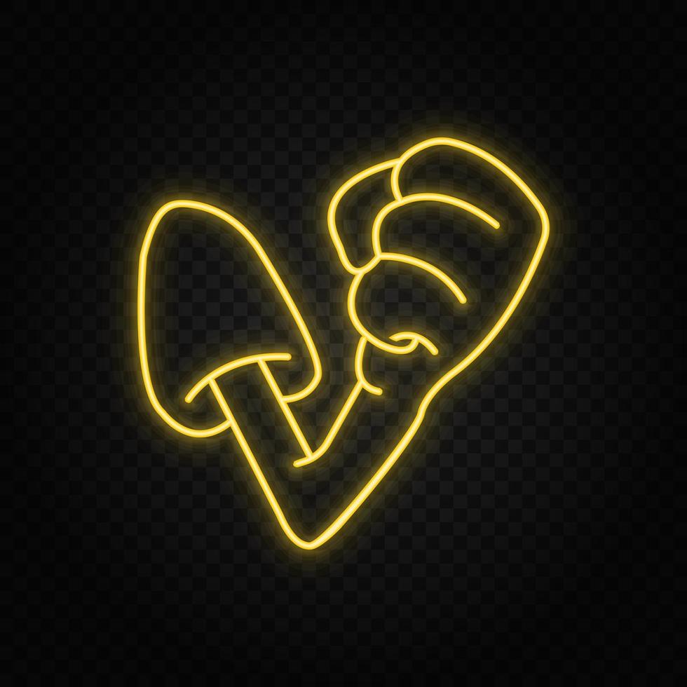 Cartoon hand, arm neon icon. Yellow neon vector icon. Vector dark background