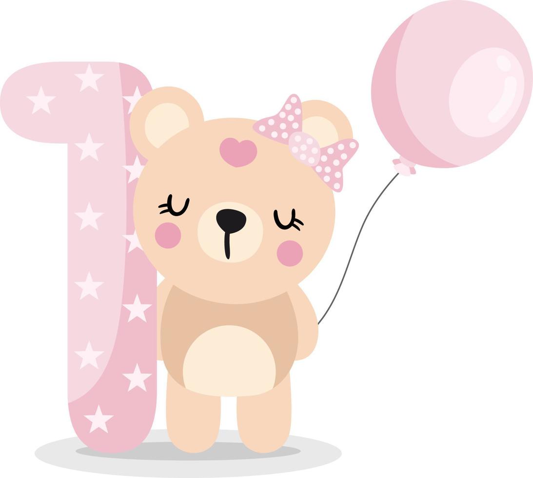 Cute teddy bear girl with balloon to celebrate happy 1st year or 1st month vector