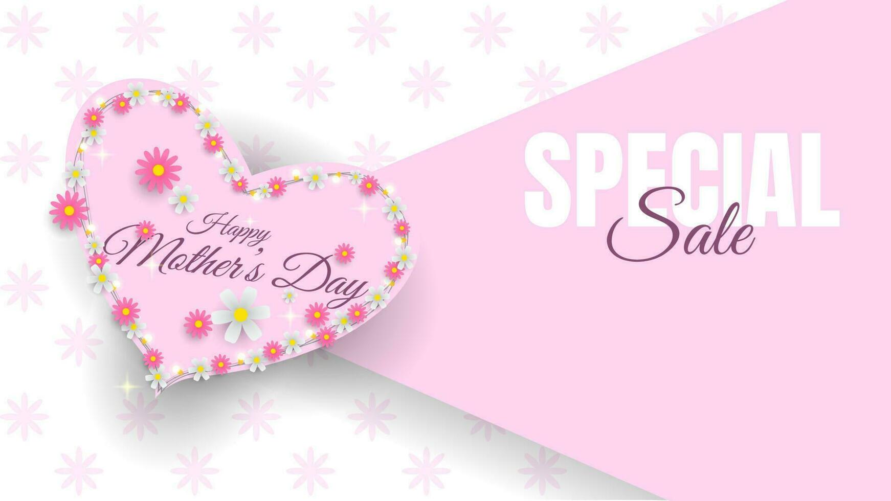 happy mother's day sale banner design with flowers and  heart shapes in pink and white color for business promotion vector