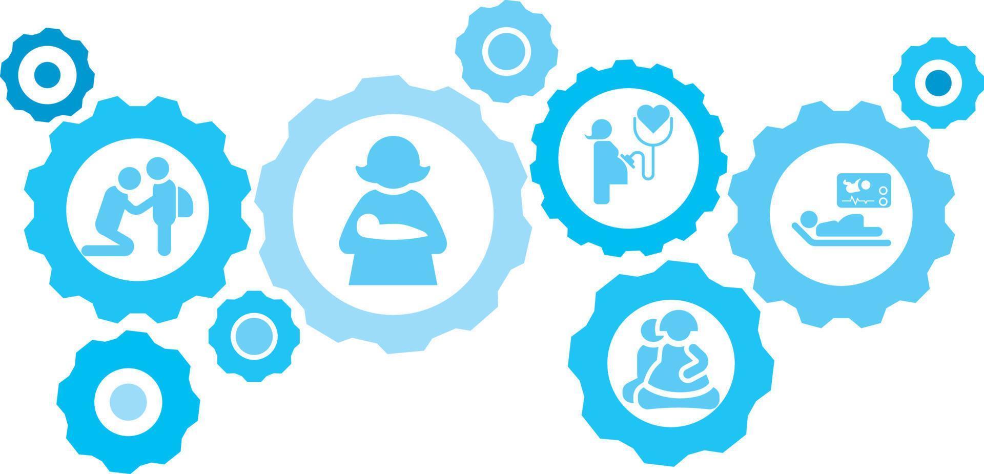 Connected gears and vector icons for logistic, service, shipping, distribution, transport, market, communicate concepts. Artificial insemination gear blue icon set .