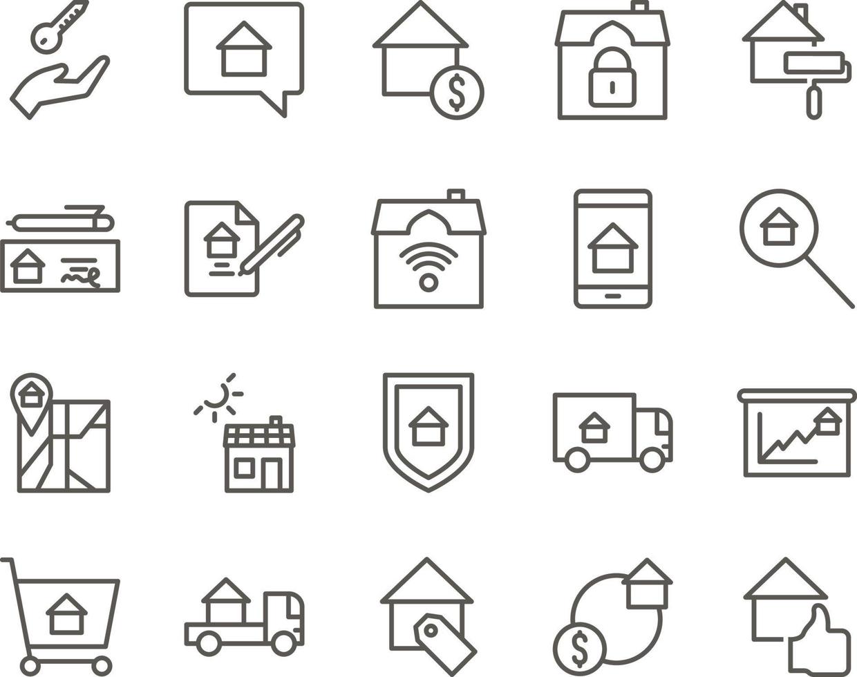 feedback, house, property set vector icons. Real estate icon set. Simple Set of Real Estate Related Vector Line Icons. Contains such Icons as Map, Plan, Bedrooms on white background