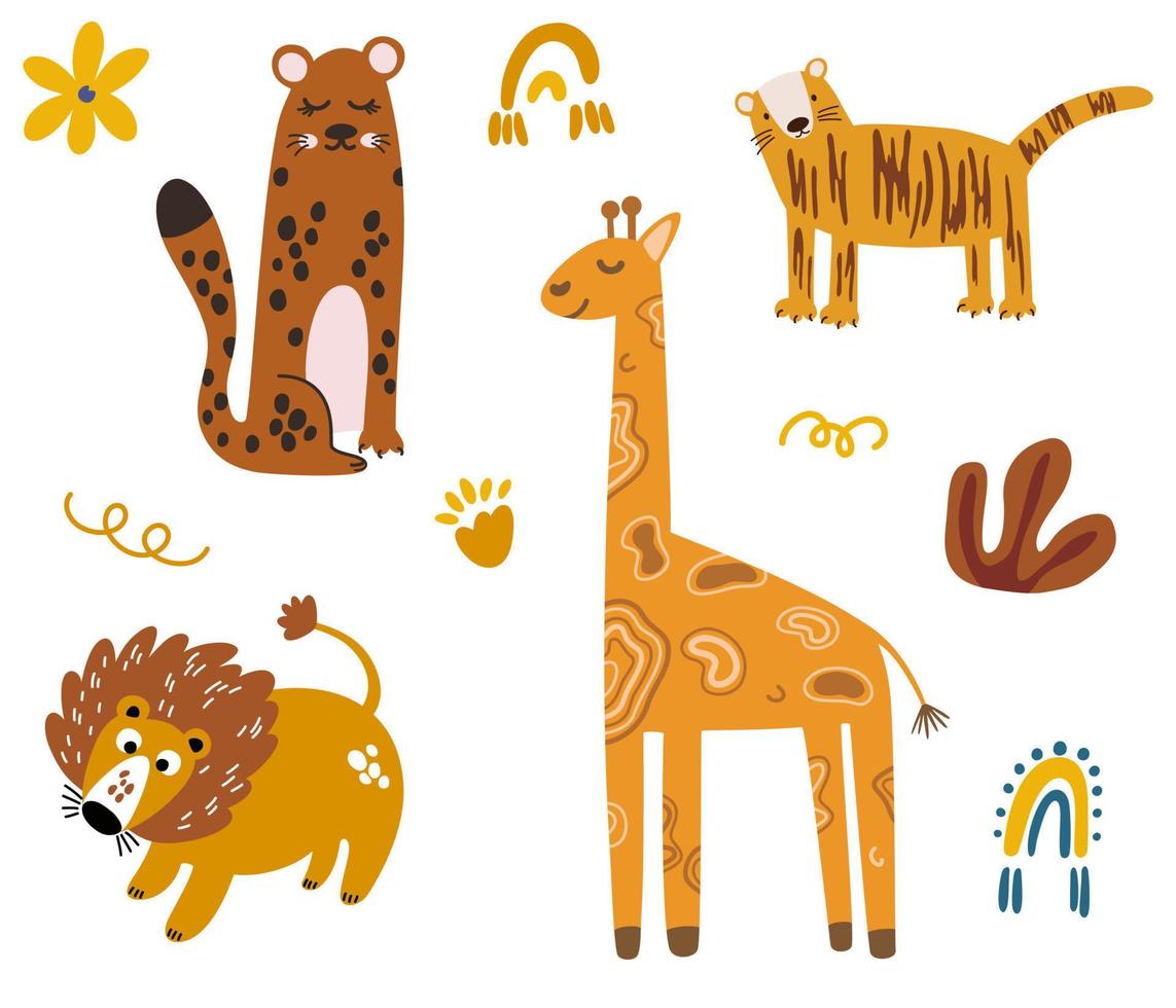 africano animales recopilación. jirafa, león, leopardo, Tigre y flores con hojas. selva y safari. Perfecto para bebé carteles, tarjetas, huellas dactilares ropa. vector infantil gracioso garabatear ilustración.