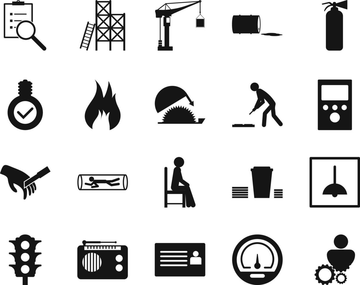 HSE concept, occupational safety and health Work, prosses, gear, production factory and environment, labor preventive instructions, worker protection vector icon set on white background