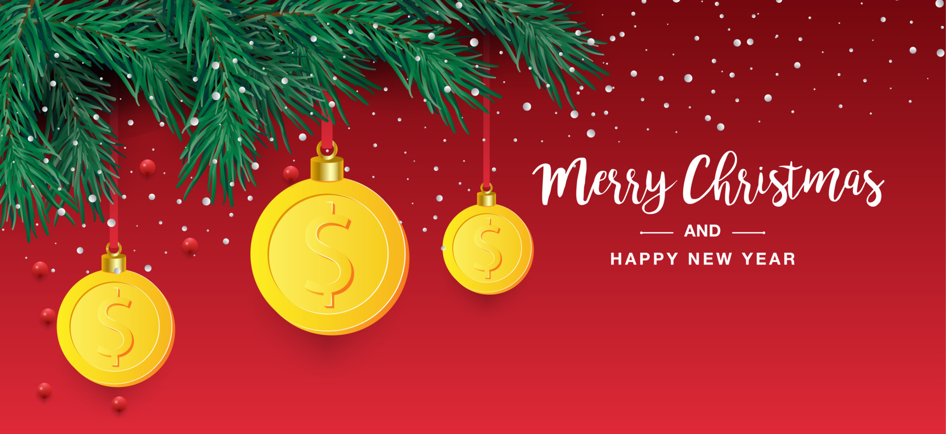 Christmas tree branch with decorative gold dollar symbol. Dollar sign