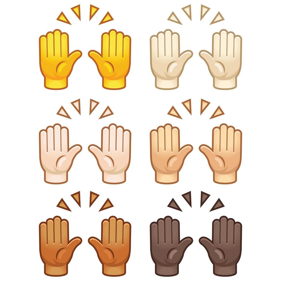 Different mood emoji. Emotional hands up hi hello emoji hand set of various skin tonescute cartoon stylized vector cartoon illustration icons. Isolated on white background.