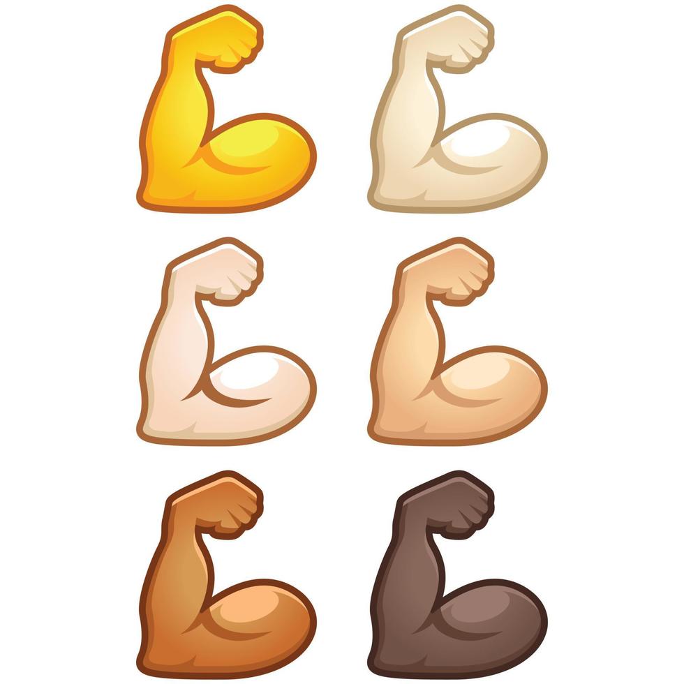 Different mood emoji. Emotional flex bicep muscle emoji hand set of various skin tonescute cartoon stylized vector cartoon illustration icons. Isolated on white background.