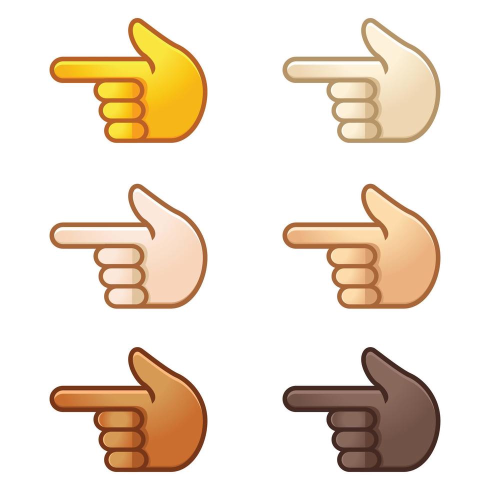 Different mood emoji. Emotional index finger pointing left emoji hand set of various skin tonescute cartoon stylized vector cartoon illustration icons. Isolated on white background.