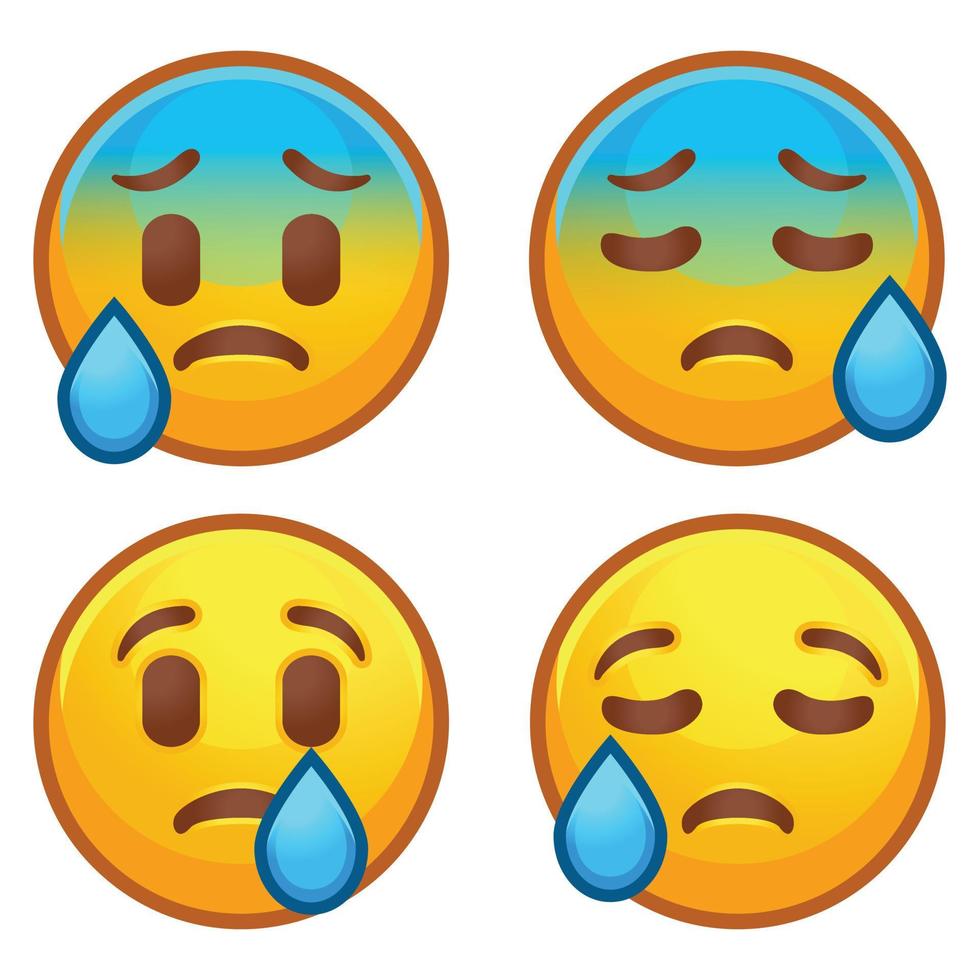 Different mood emoji. Emotional sad cry emoji hand set of various skin tonescute cartoon stylized vector cartoon illustration icons. Isolated on white background.