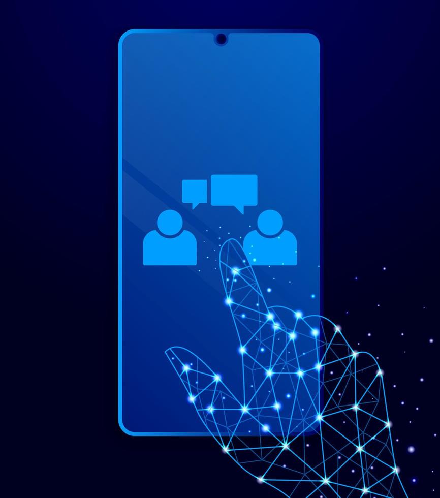 conversation, avatars, users touch phone. Polygon style touch phone vector illustration