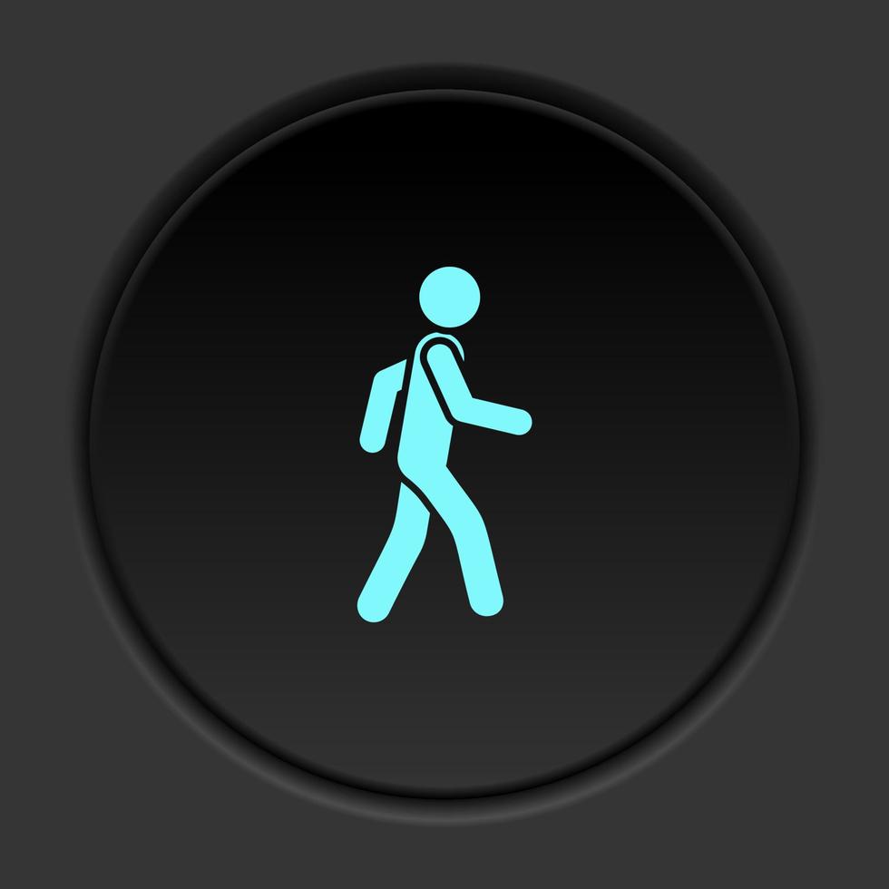 redondo botón icono hombre caminando. botón bandera redondo Insignia interfaz para solicitud ilustración en oscuro antecedentes vector