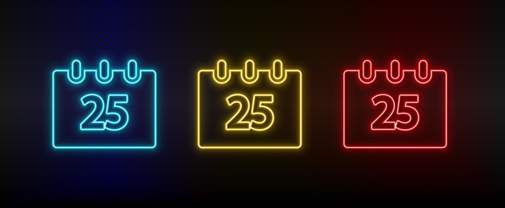 Neon icon set calendar, Christmas, event. Set of red, blue, yellow neon vector icon on dark transparent background