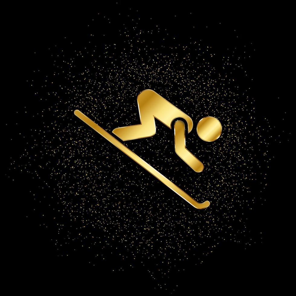 Skiing silhouette gold, icon. Vector illustration of golden particle on gold vector background