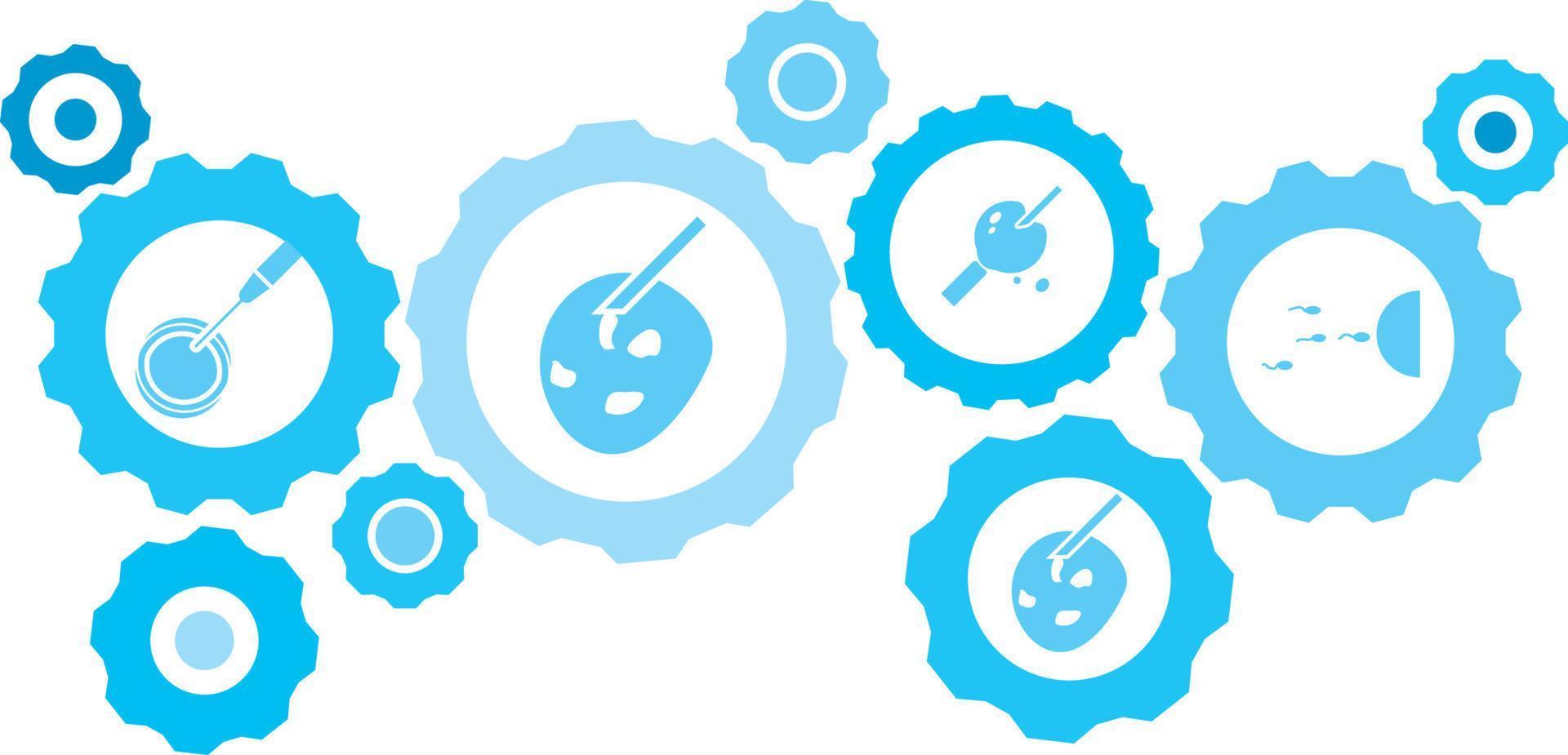 Connected gears and vector icons for logistic, service, shipping, distribution, transport, market, communicate concepts. Artificial insemination, sperm gear blue icon set .