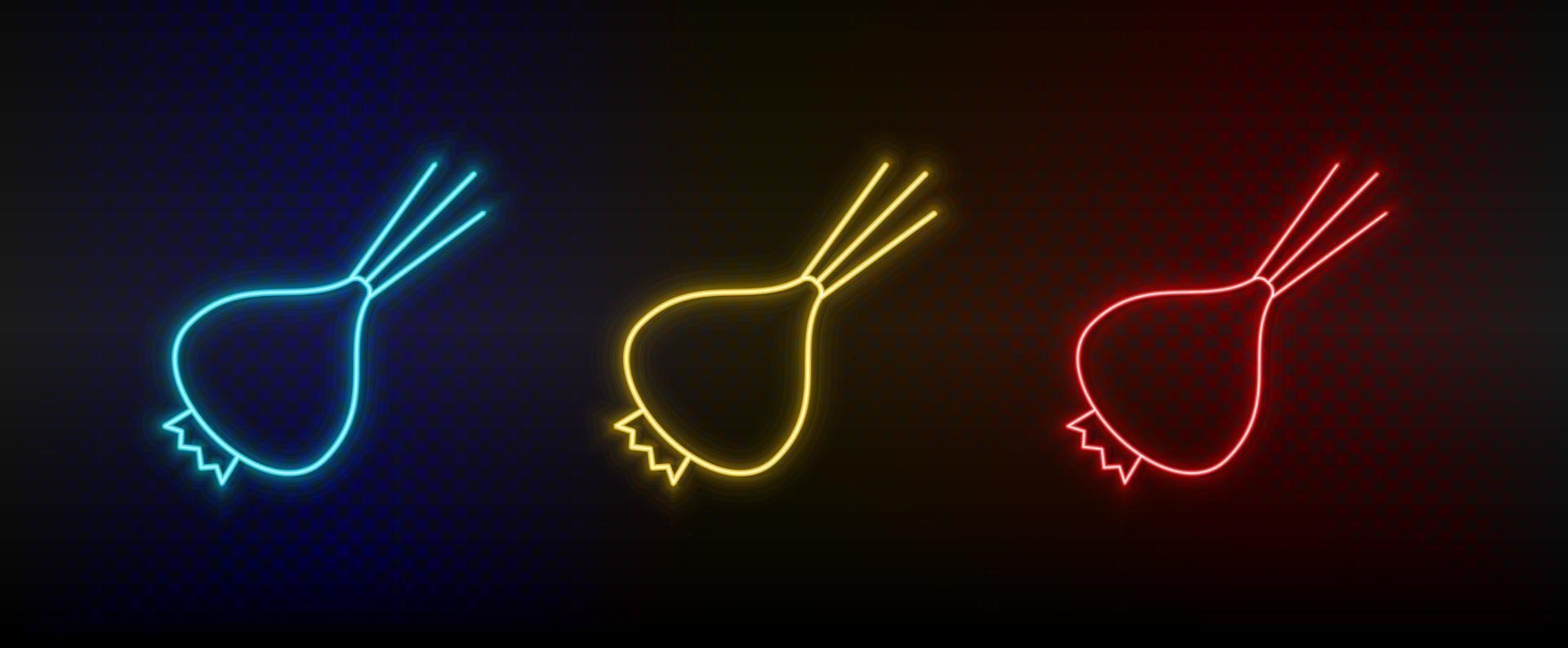 Neon icon set cooking, ingredient. Set of red, blue, yellow neon vector icon on dark background