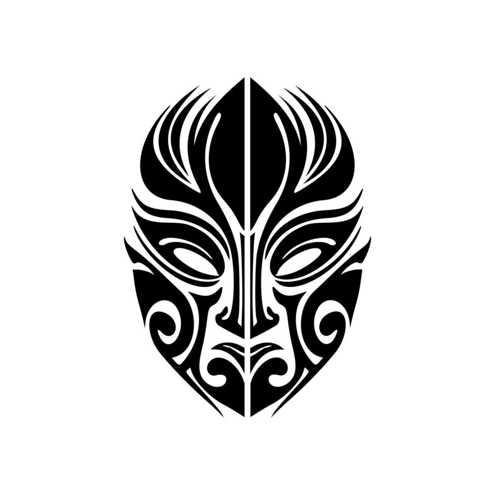 Vector tattoo drawing of a Polynesian god mask in black and white.