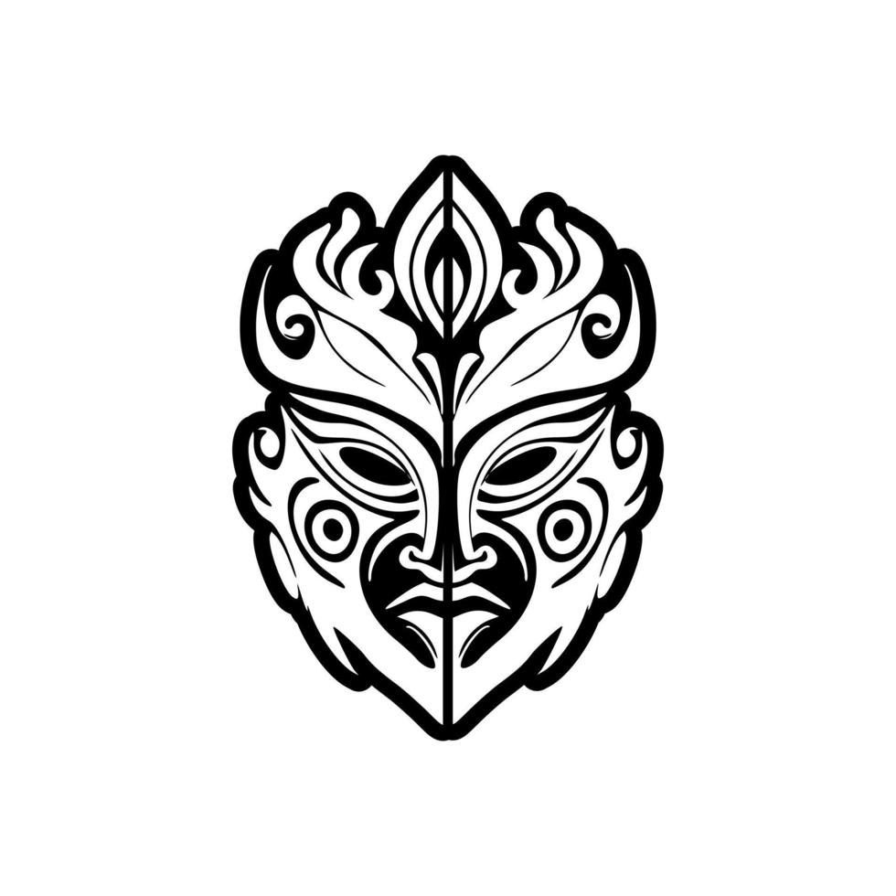 A vector tattoo sketch of a Polynesian god mask in black and white.