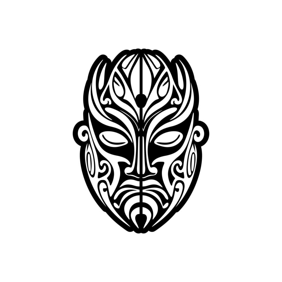 Vintage vector artwork of a Polynesian god mask in black and white.