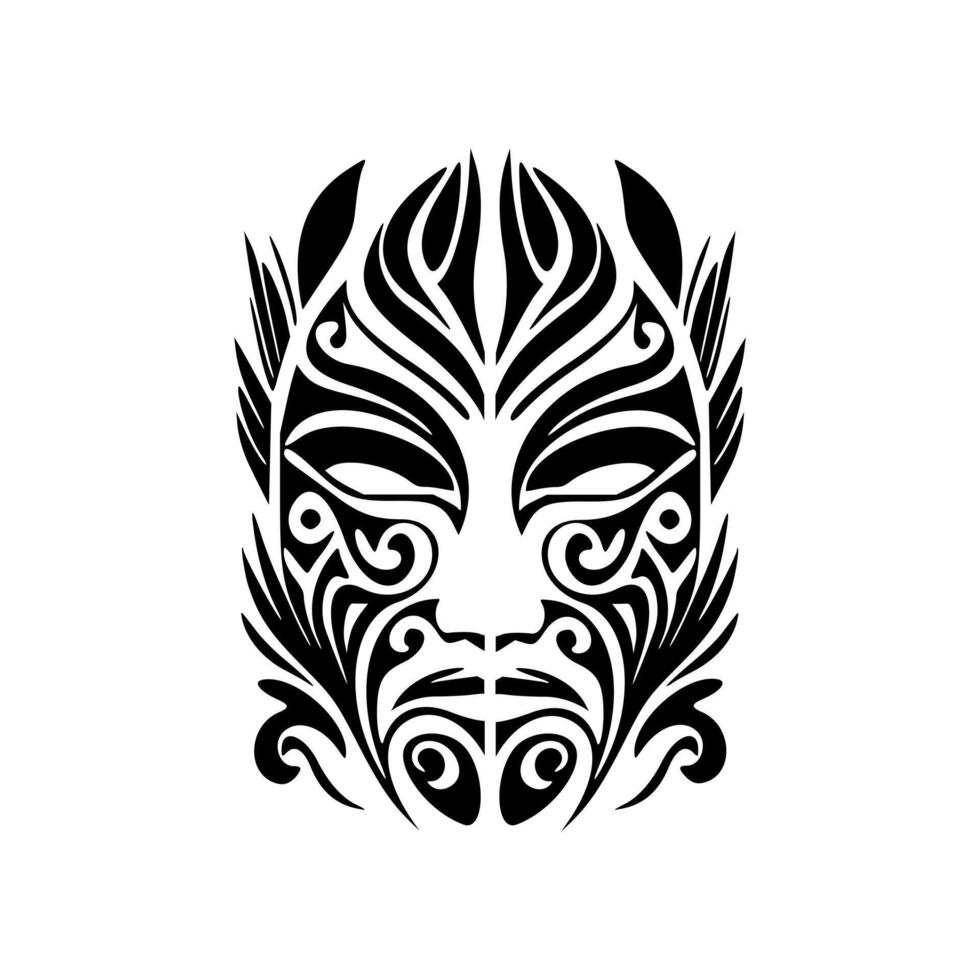 Vector tattoo of Polynesian god mask in black and white.