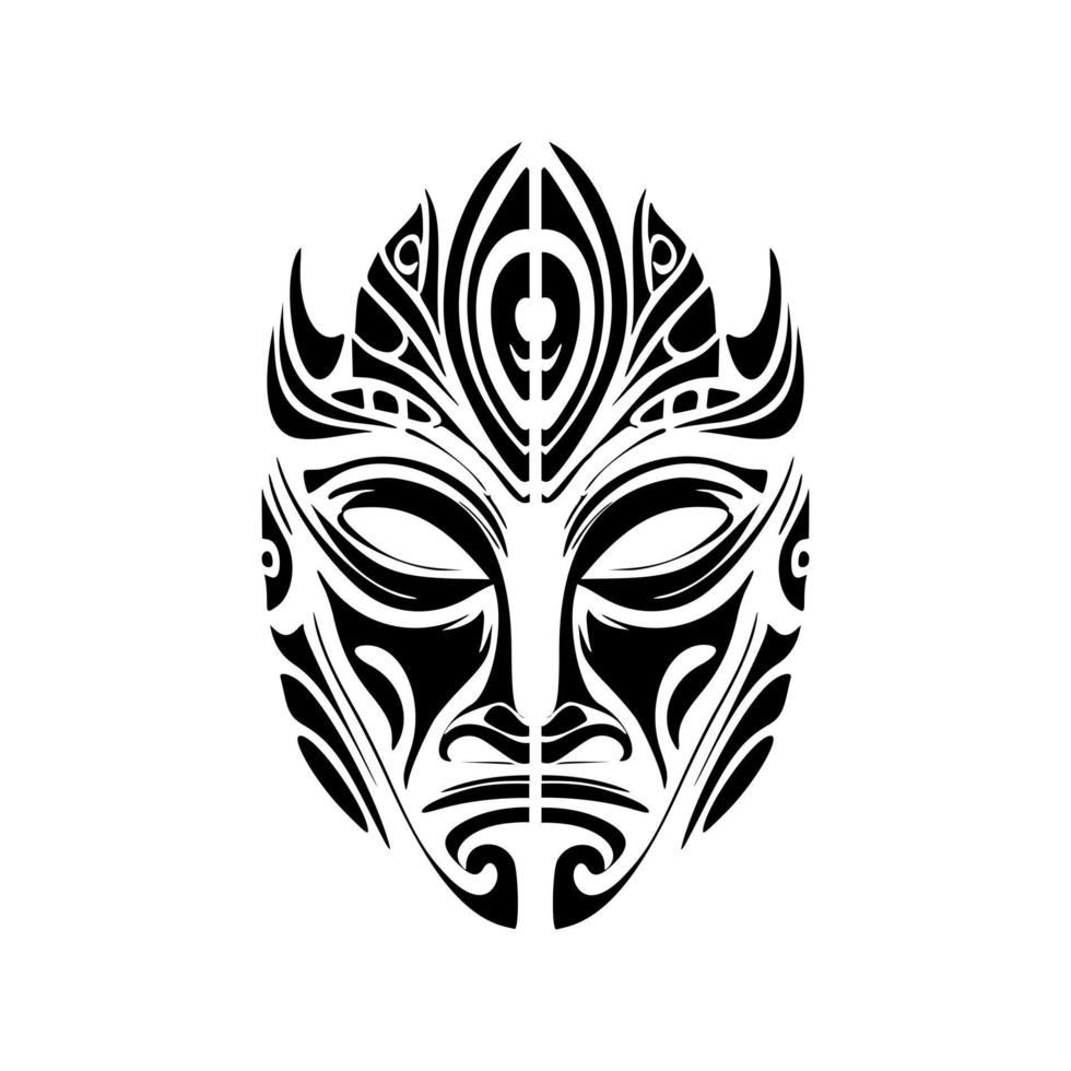 Vector illustration of a traditional Polynesian god mask in black and white.