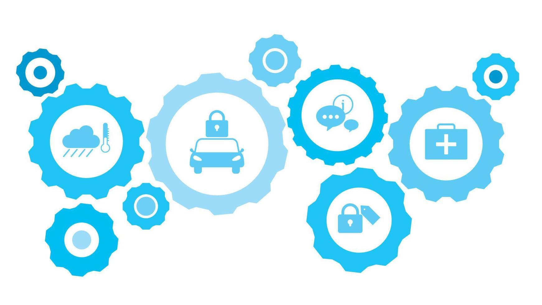 Connected gears and vector icons for logistic, service, shipping, distribution, transport, market, communicate concepts. workers, repair gear blue icon set icon on dark background