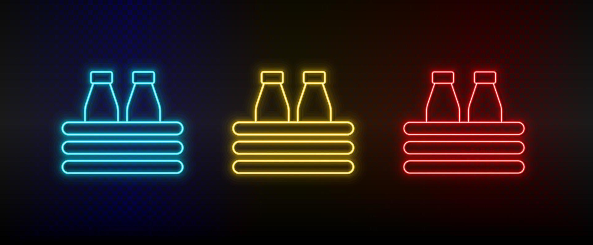 Neon icon set milk, bottle. Set of red, blue, yellow neon vector icon on dark background