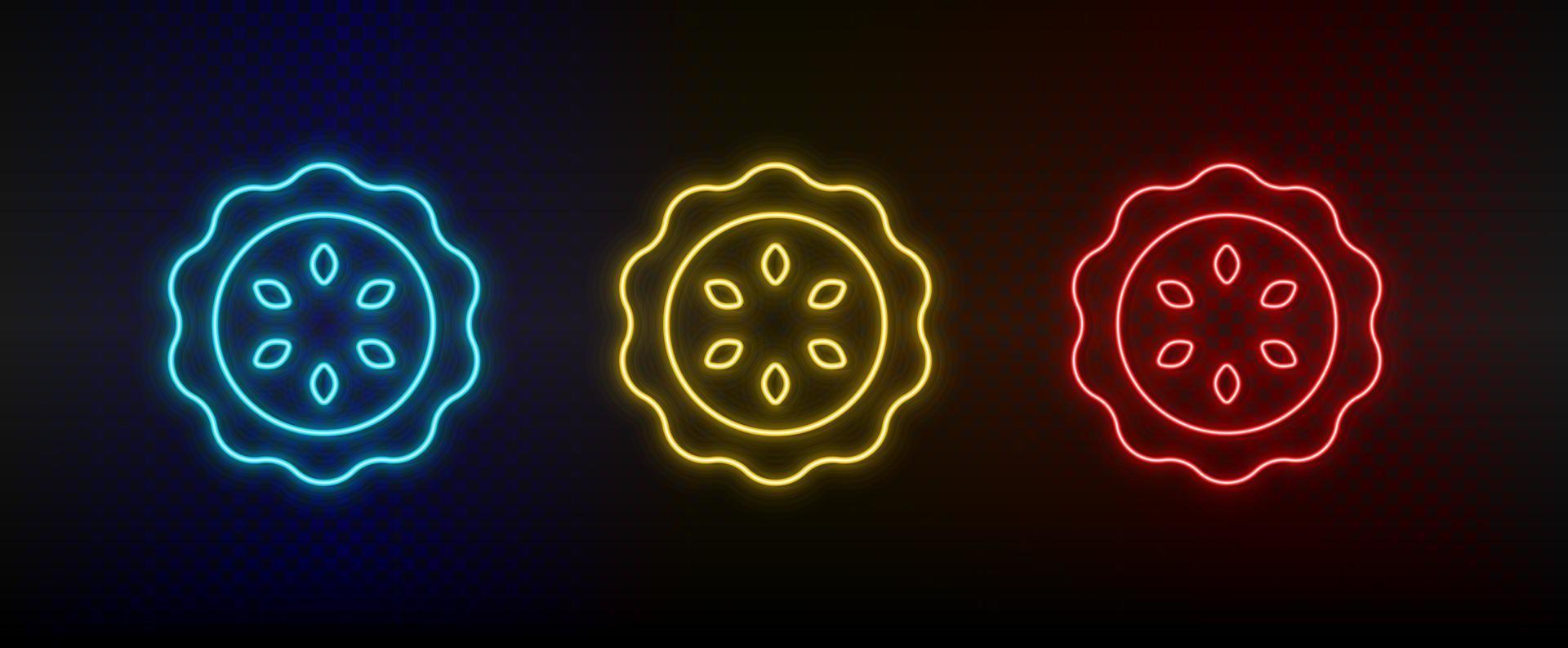 Neon icon set biscuit. Set of red, blue, yellow neon vector icon on dark background