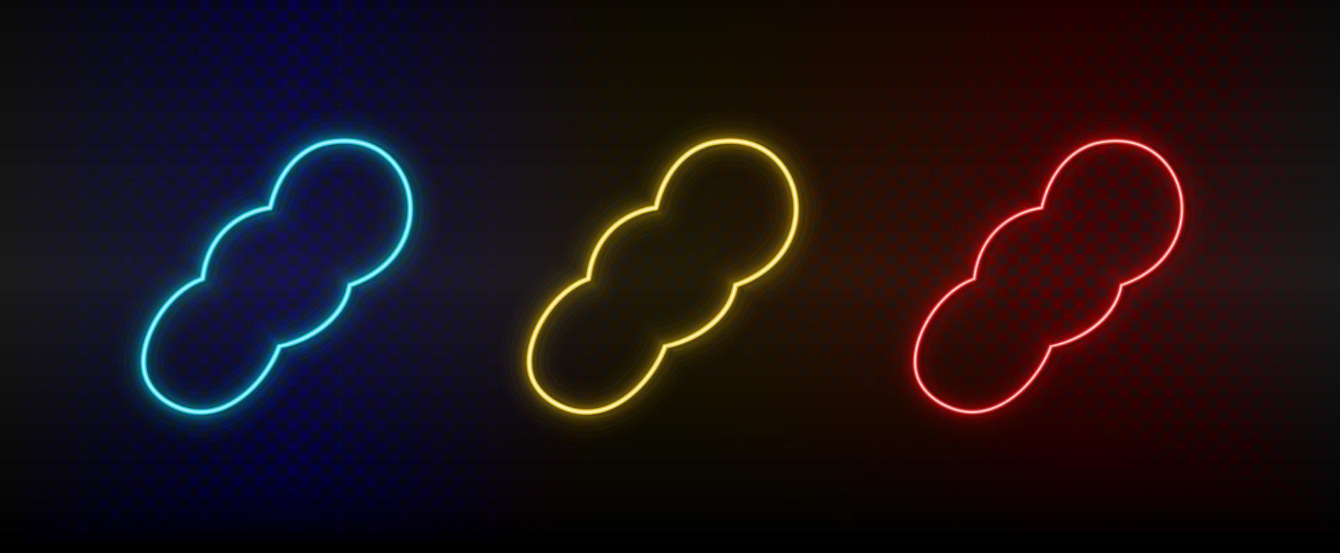 Neon icon set peanut. Set of red, blue, yellow neon vector icon on dark background