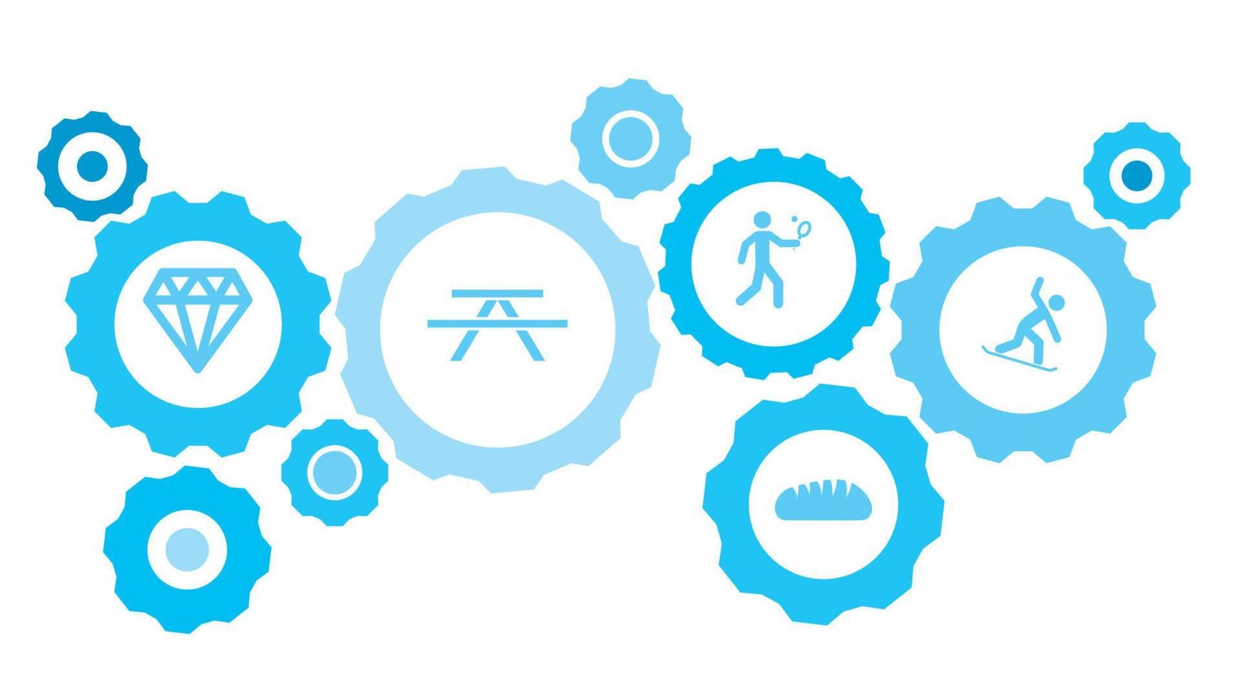 Snowboard gear blue icon set. Abstract background with connected gears and icons for logistic, service, shipping, distribution, transport, market, communicate concepts vector