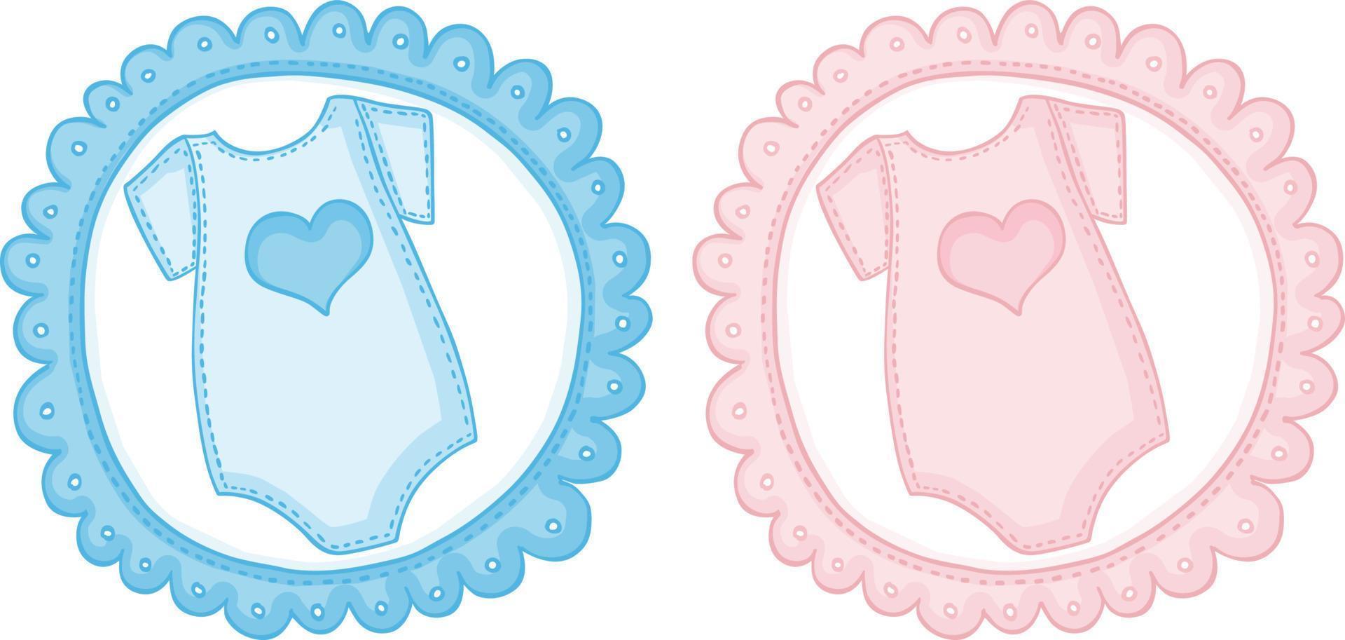 Blue and pink baby round label with bodysuit vector