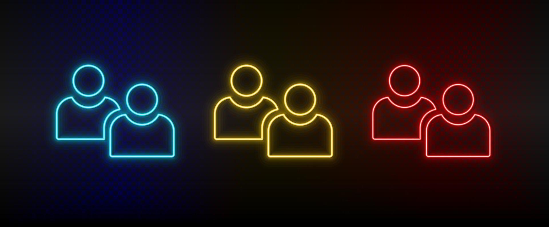 Neon icon set avatars, users. Set of red, blue, yellow neon vector icon on dark transparent background