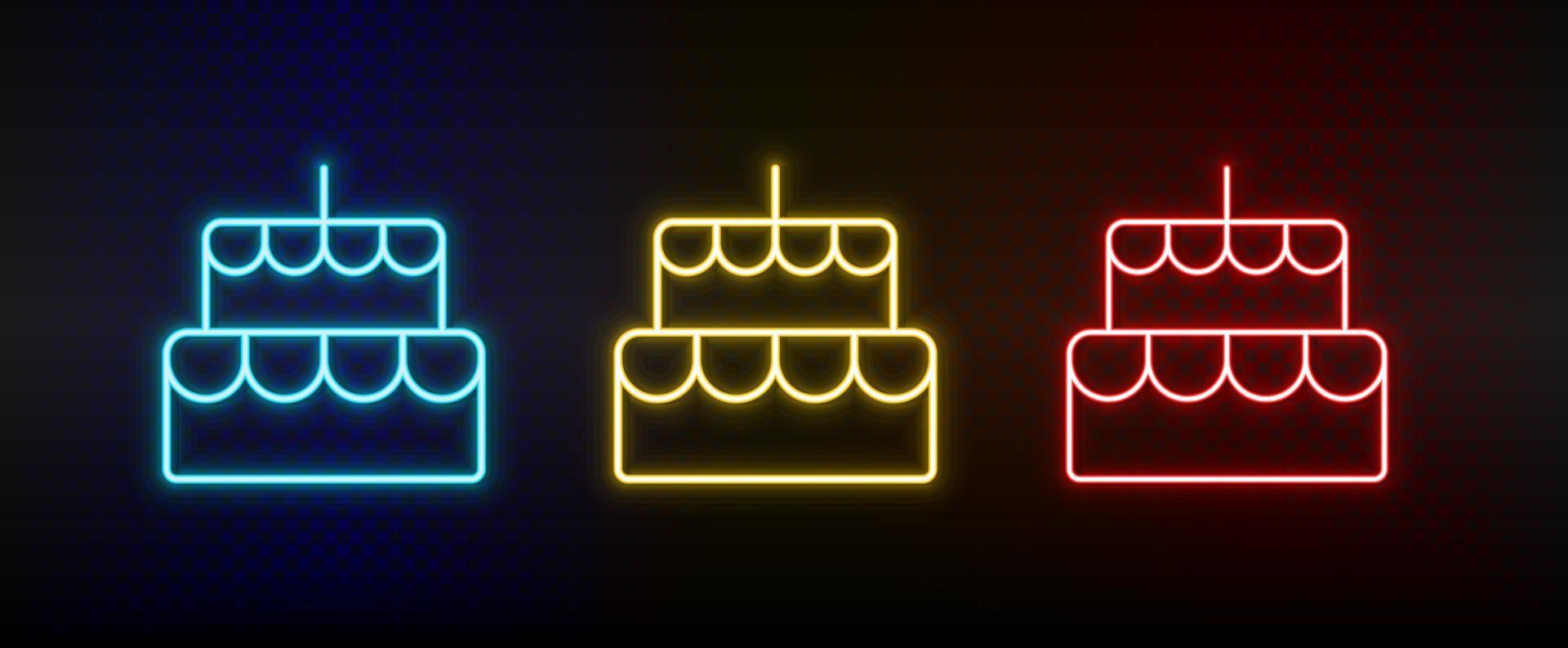 Neon icon set bakery, cake. Set of red, blue, yellow neon vector icon on dark background