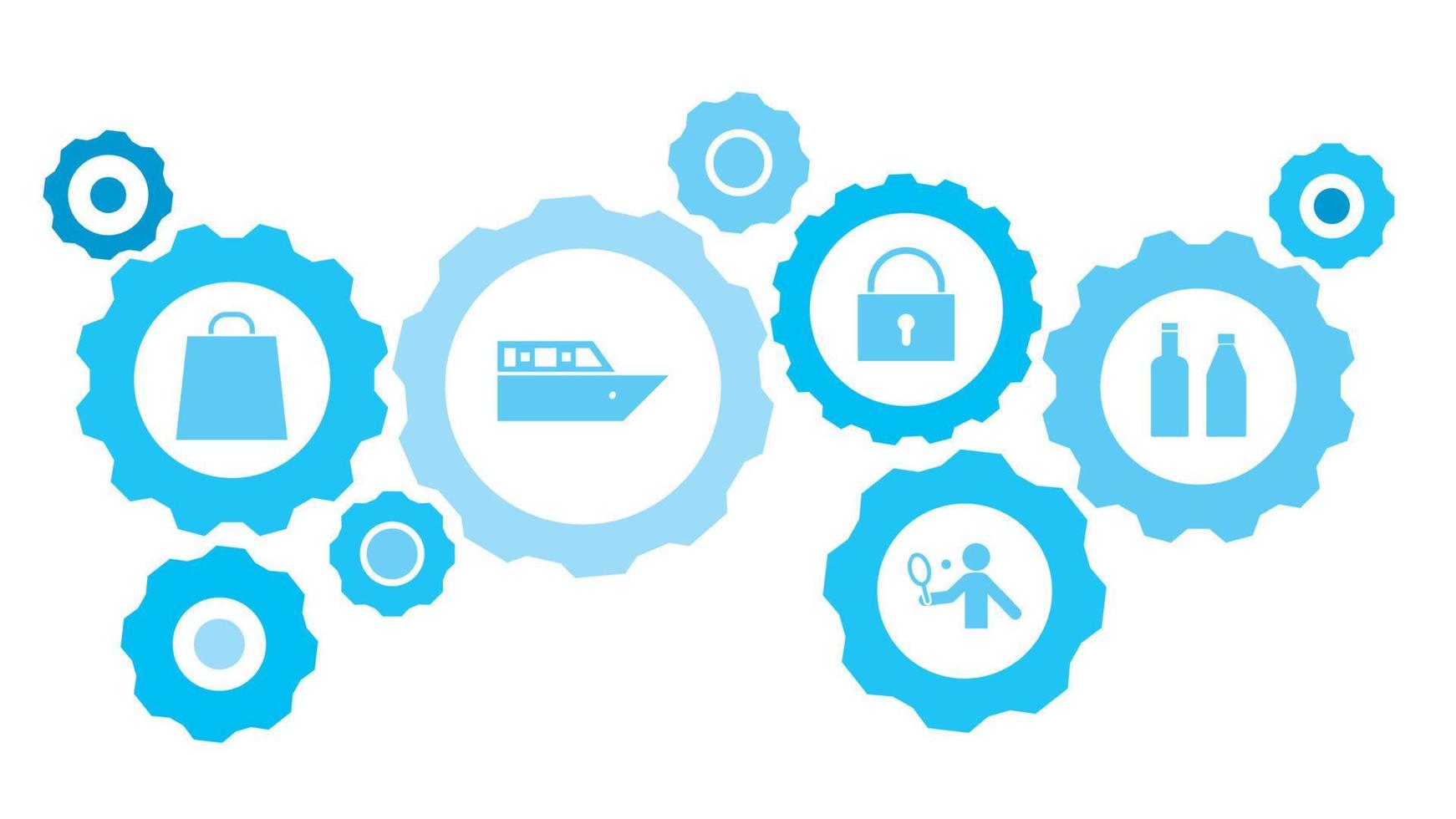 Bottles gear blue icon set. Abstract background with connected gears and icons for logistic, service, shipping, distribution, transport, market, communicate concepts vector