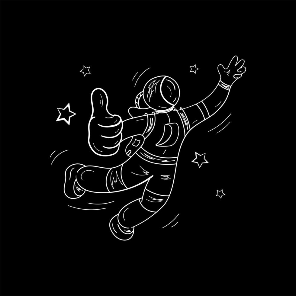 Astronaut with hand class print. Cosmonaut White line art in black background. Vector illustration.