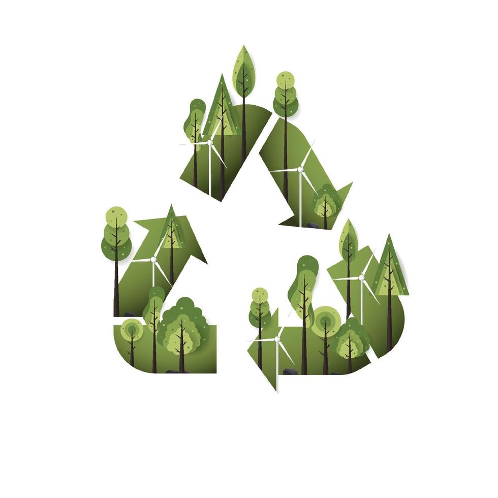 Eco style green forest on Recycle Symbol background. Paper design. Vector illustration