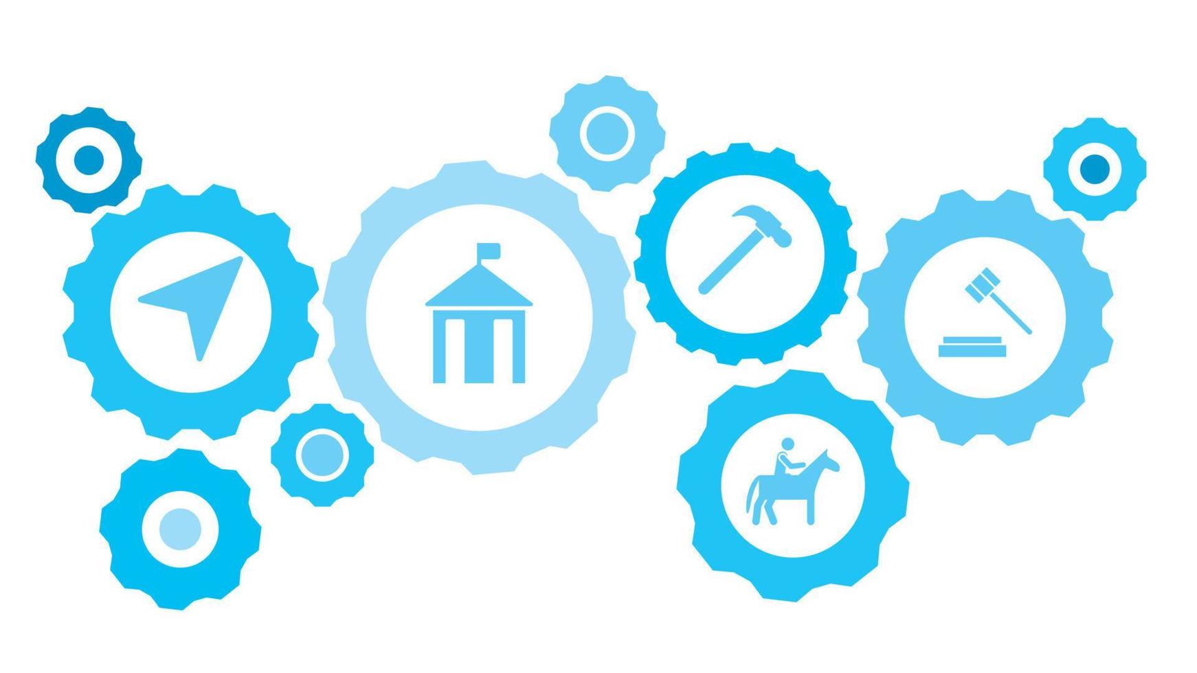 Trial hammer gear blue icon set. Abstract background with connected gears and icons for logistic, service, shipping, distribution, transport, market, communicate concepts vector