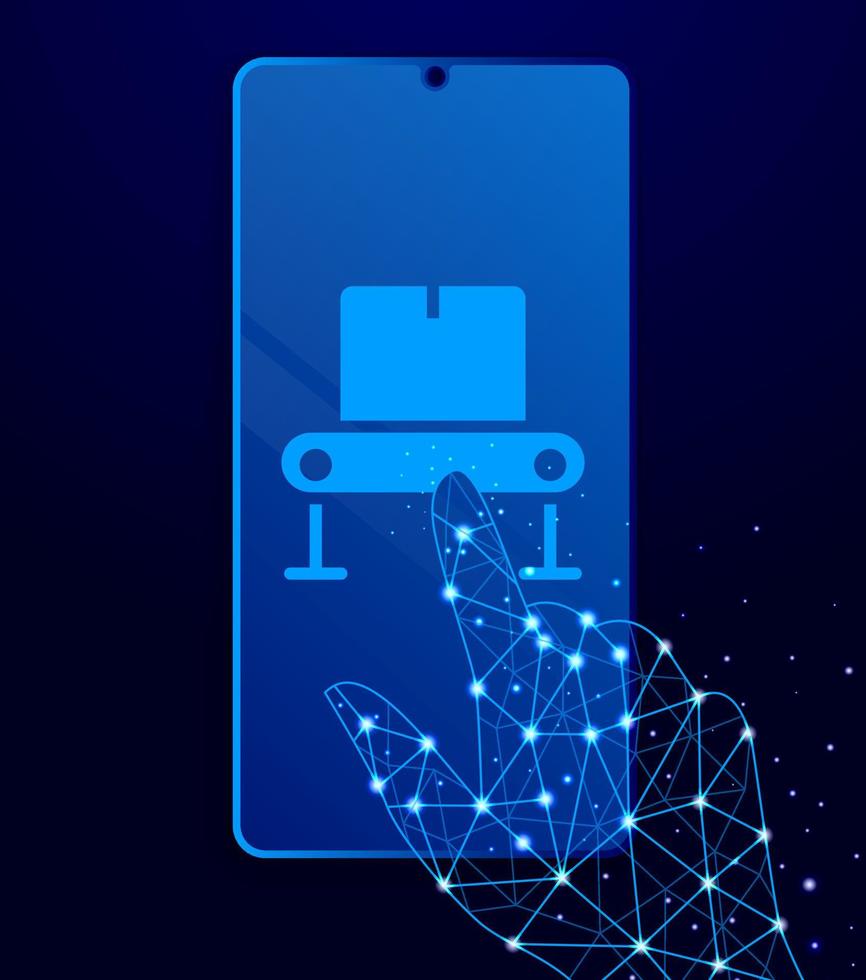 Mass production, conveyor touch phone. Polygon style touch phone vector illustration