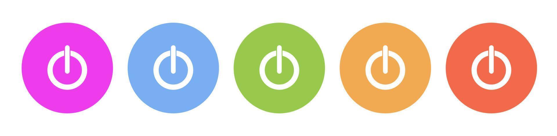 Multi colored flat icons on round backgrounds. Power button multicolor circle vector icon on white background